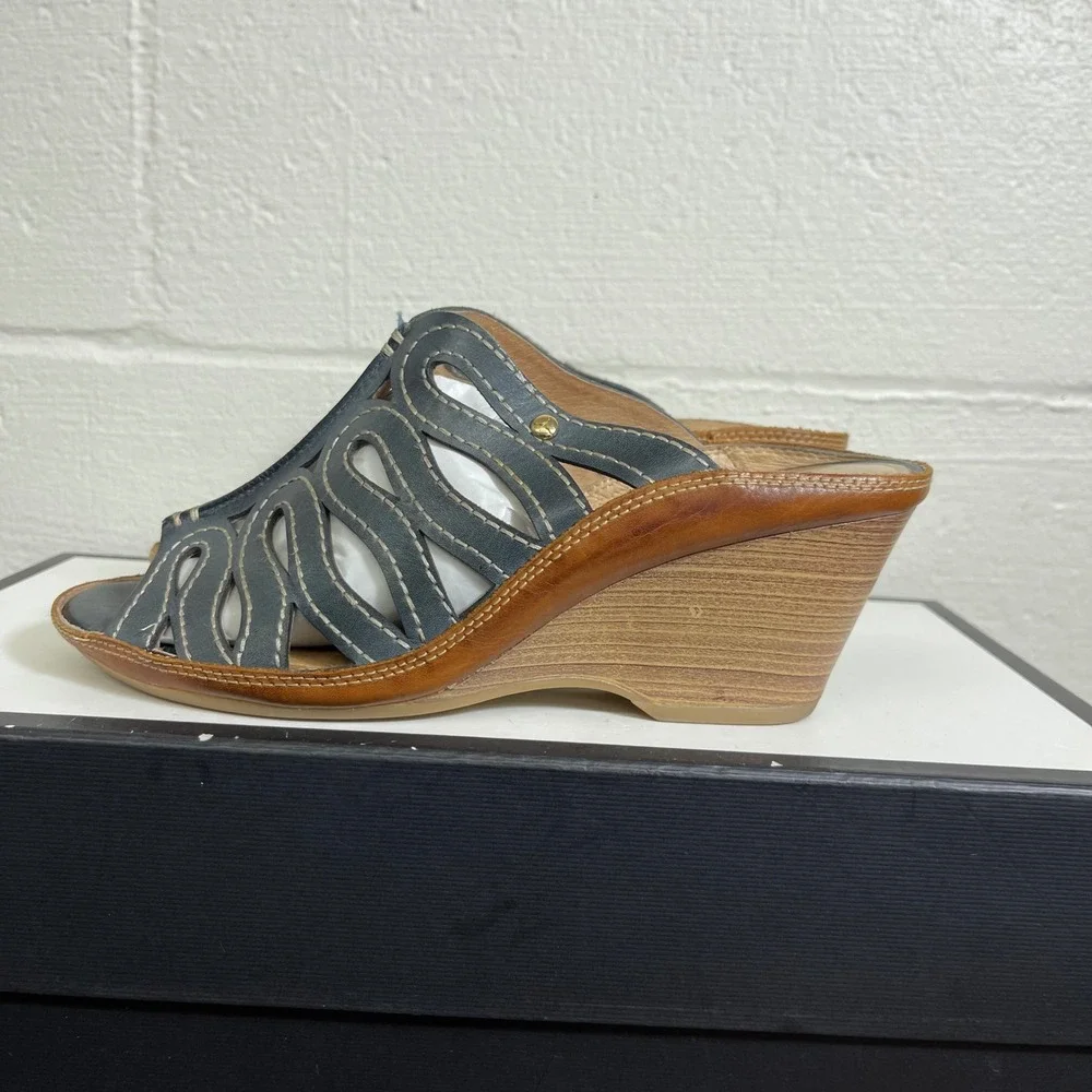 Pikolinos Capri Laser Cut Wedge Sandals Mules Blue Leather Women's 38‎ EU/8 US